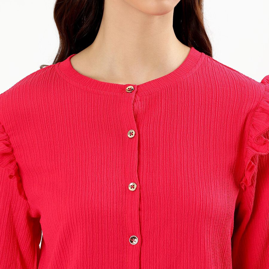 Women's Bright Pink Cotton Round Neck Ruffle Sleeve Top, Pink, large