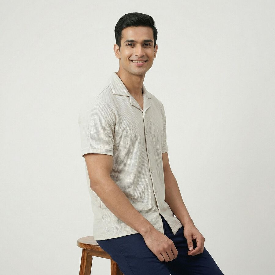 Men's Beige Classic Collar Casual Shirt, Beige, large