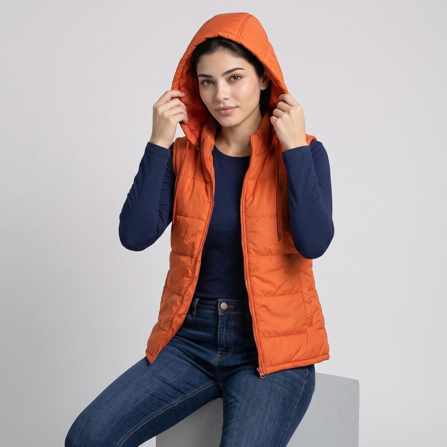 Women's Orange Hooded Puffer Jacket, Rust, large