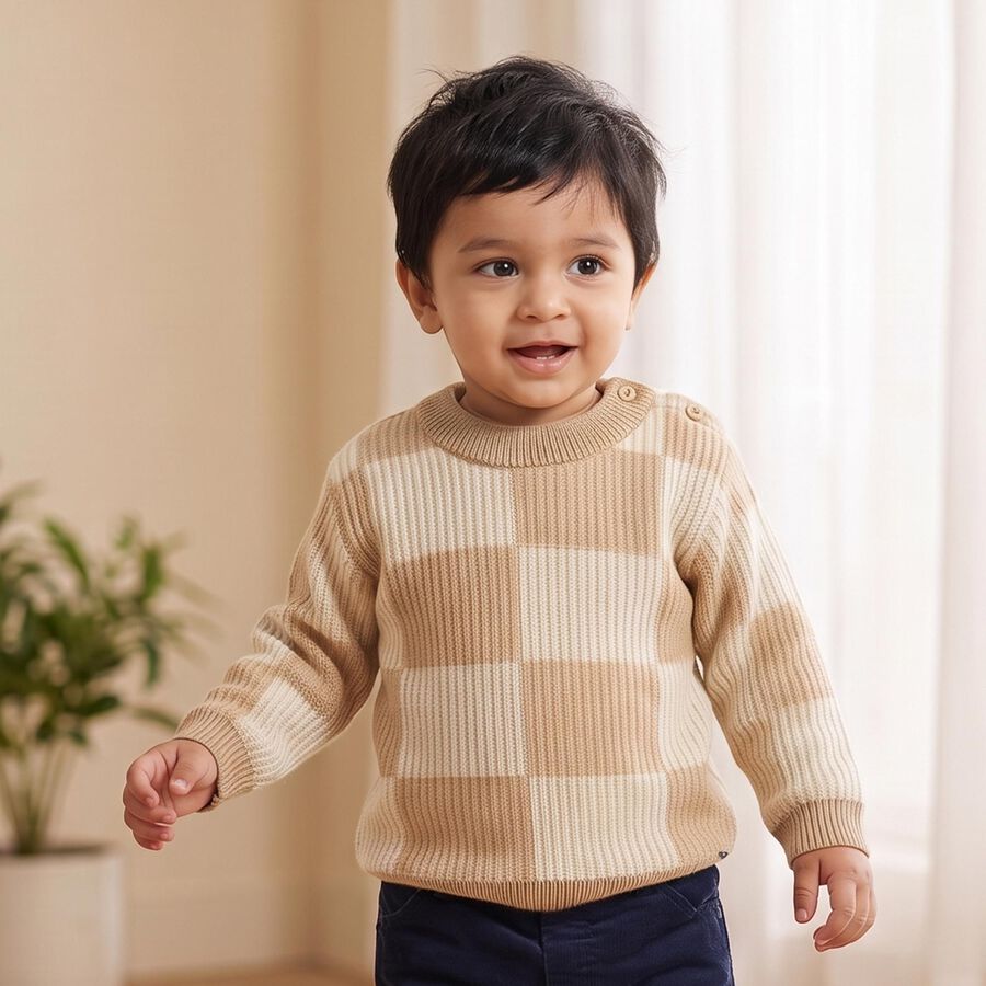 Infants' Beige Crew Neck Pullover, गहरा पीला, large