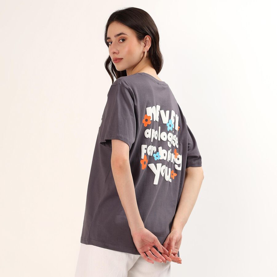 Women's Grey Cotton Round Neck Casual T-Shirt, गहरा ग्रे, large