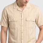 Men's Beige Cotton Camp Collar Casual Shirt, Beige, small