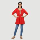 Women's Red Round Neck Printed A-Line Kurti, लाल, small