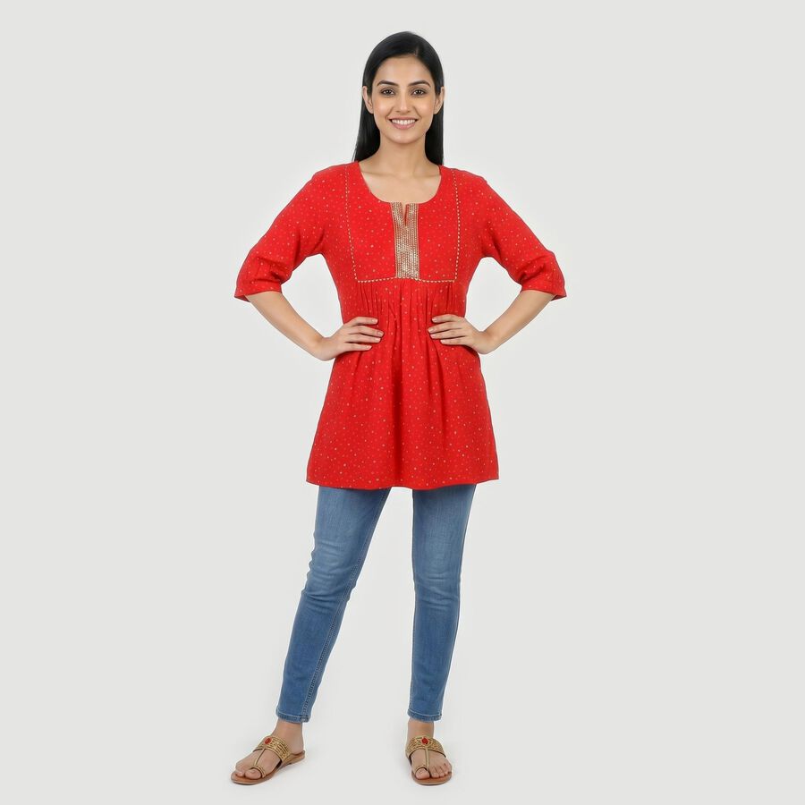 Women's Red Round Neck Printed A-Line Kurti, लाल, large