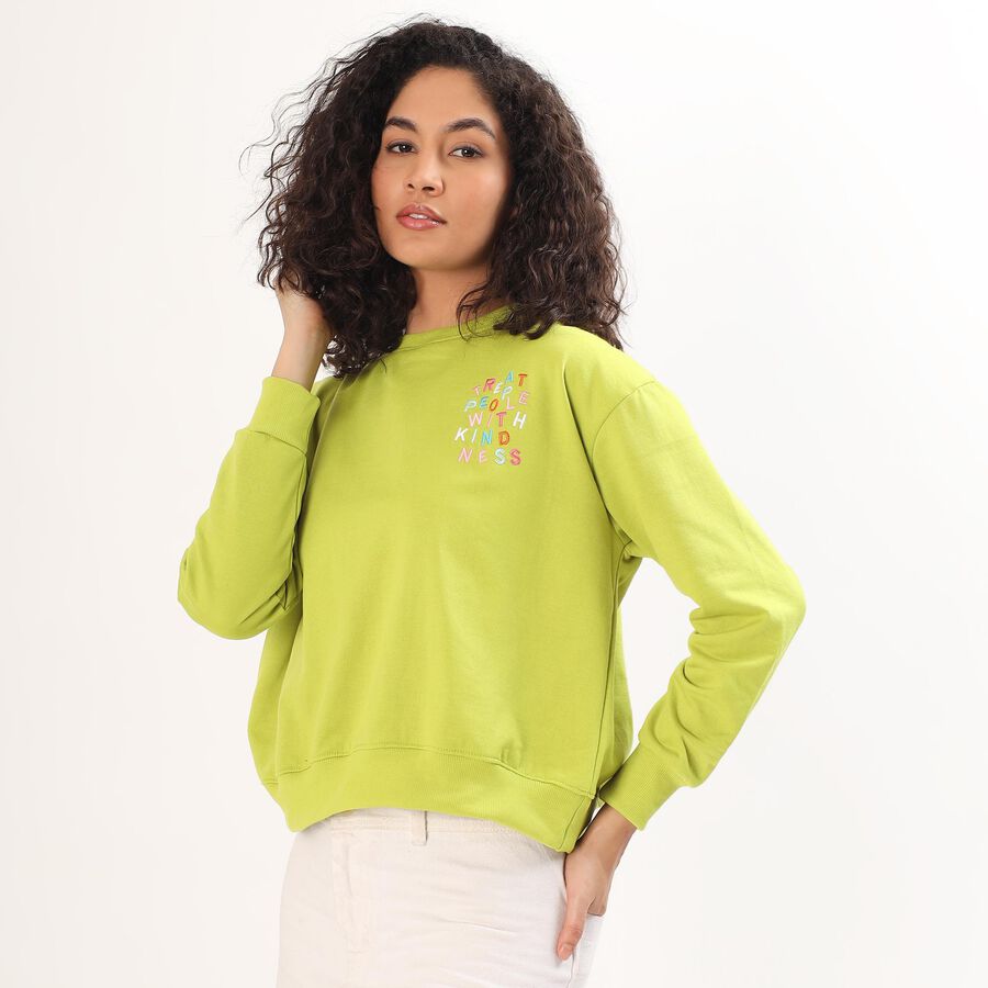 Women's Bright Lime Green Crew Neck Casual Sweatshirt, हल्का हरा, large image number null