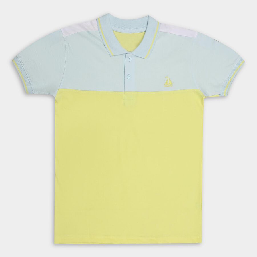 Boys' Bright Lemon Yellow Cotton Polo Neck Half Sleeve T-Shirt, Yellow, large image number null
