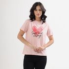 Women's Light Pink Round Neck Graphic Print T-Shirt, Light Pink, small