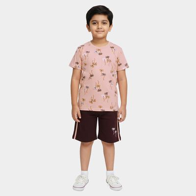 Boys Beige Cotton Round Neck Printed Baba Suit