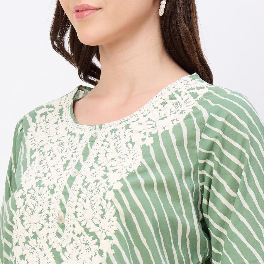 Women's Light Sage Green Cotton Notch Neck Embroidered Kurta, हल्का हरा, large