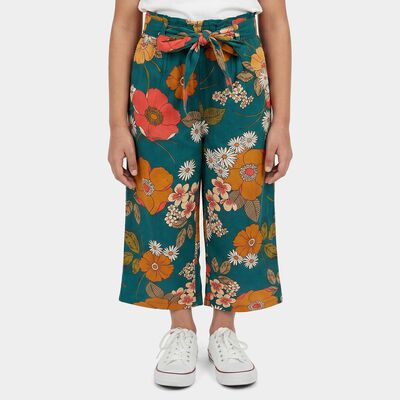 Girls Dark Green Regular Fit Floral Printed Capri