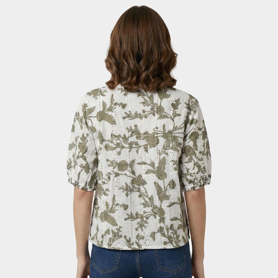 Women's Green Cotton Mandarin Collar Casual Shirt, Light Green, large