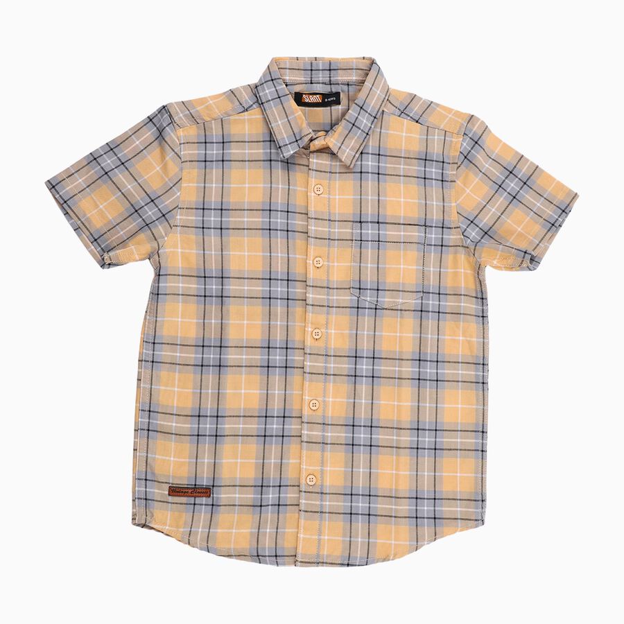 Boys Bright Mustard Yellow Cotton Half Sleeve Classic Casual Shirt, Yellow, large image number null