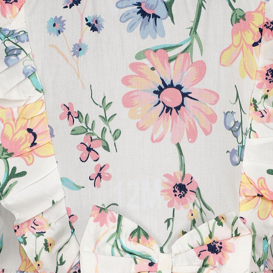 Girls' White Floral Printed Ruffled Frock, Off White, large