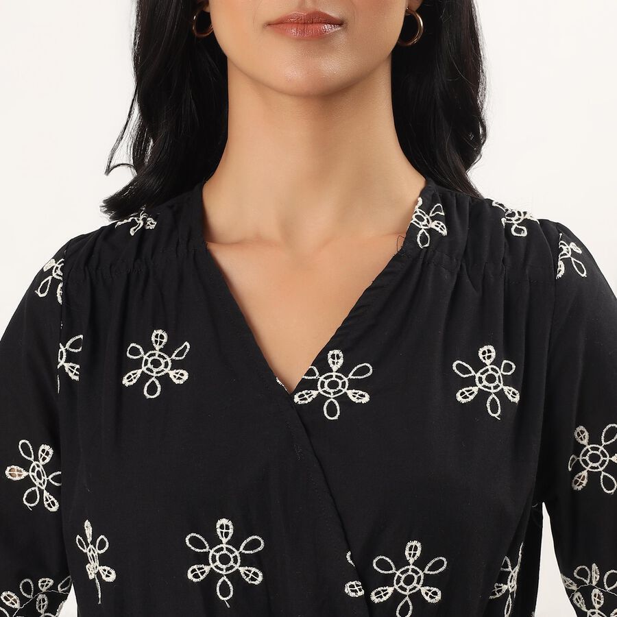 Women's Black Cotton Collar Neck Casual Shirt Dress, Black, large