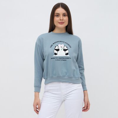Women's Muted Steel Blue Crew Neck Casual Sweatshirt
