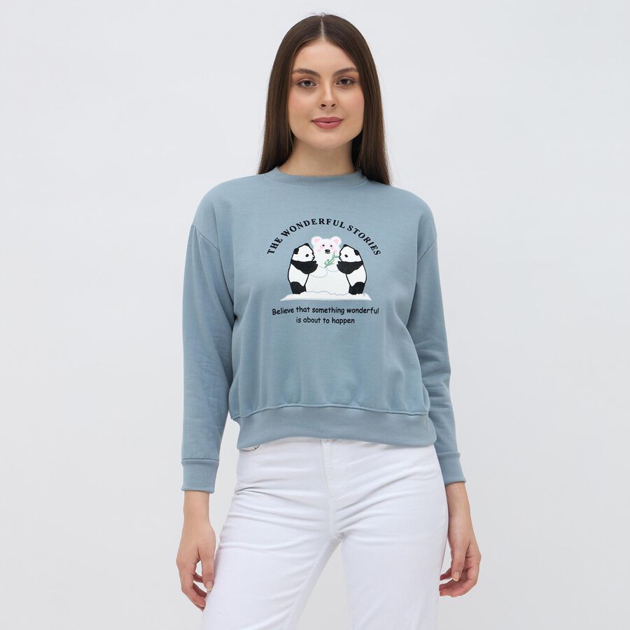 Women's Muted Steel Blue Crew Neck Casual Sweatshirt, Mid Blue, large image number null