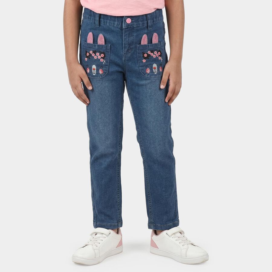 Girls Light Blue Straight Fit Bunny Embroidered Jeans, Light Blue, large