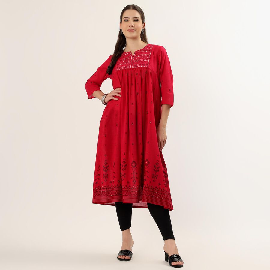 Women's Fuchsia Cotton Notch Neck Floral Printed Kurta, Fuchsia, large