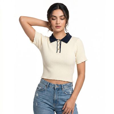 Women's Off White Cotton Polo Neck Crop Top