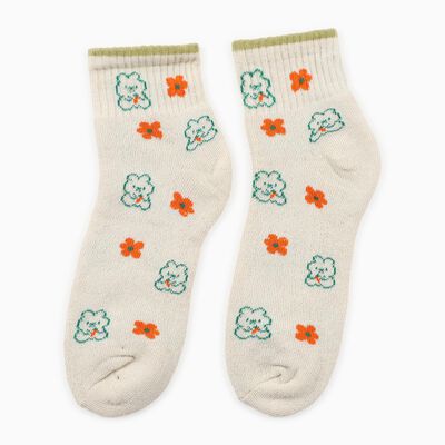 Women's Cream Ankle Length Printed Socks