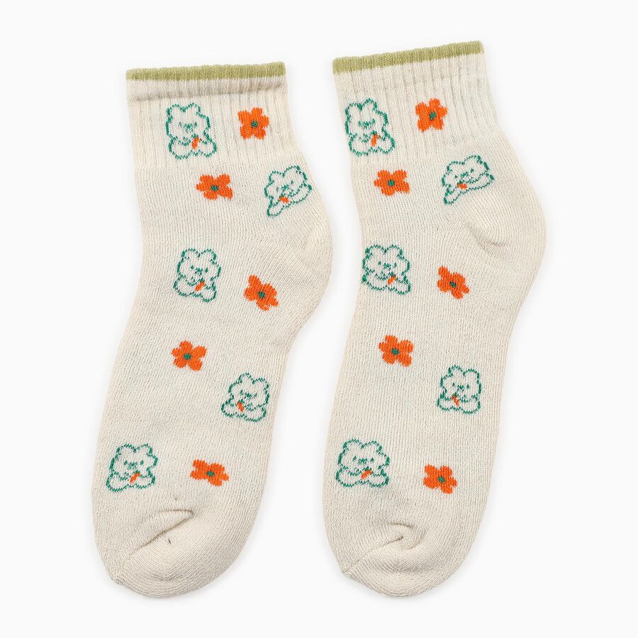 Women's Cream Ankle Length Printed Socks, Light Green, large