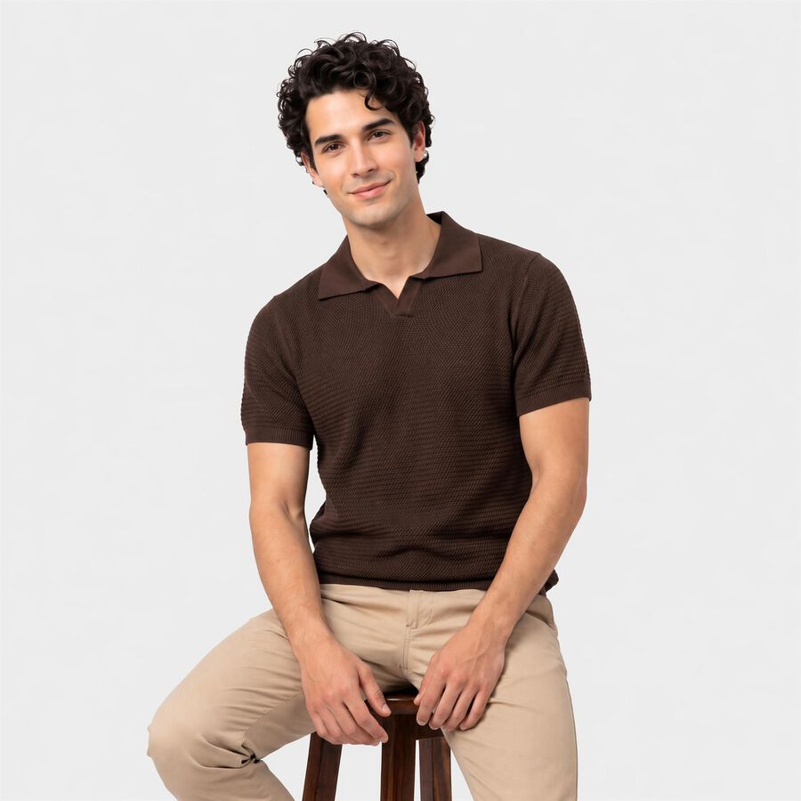 Men's Brown Cotton Polo Neck Solid T-Shirt, भूरा, large