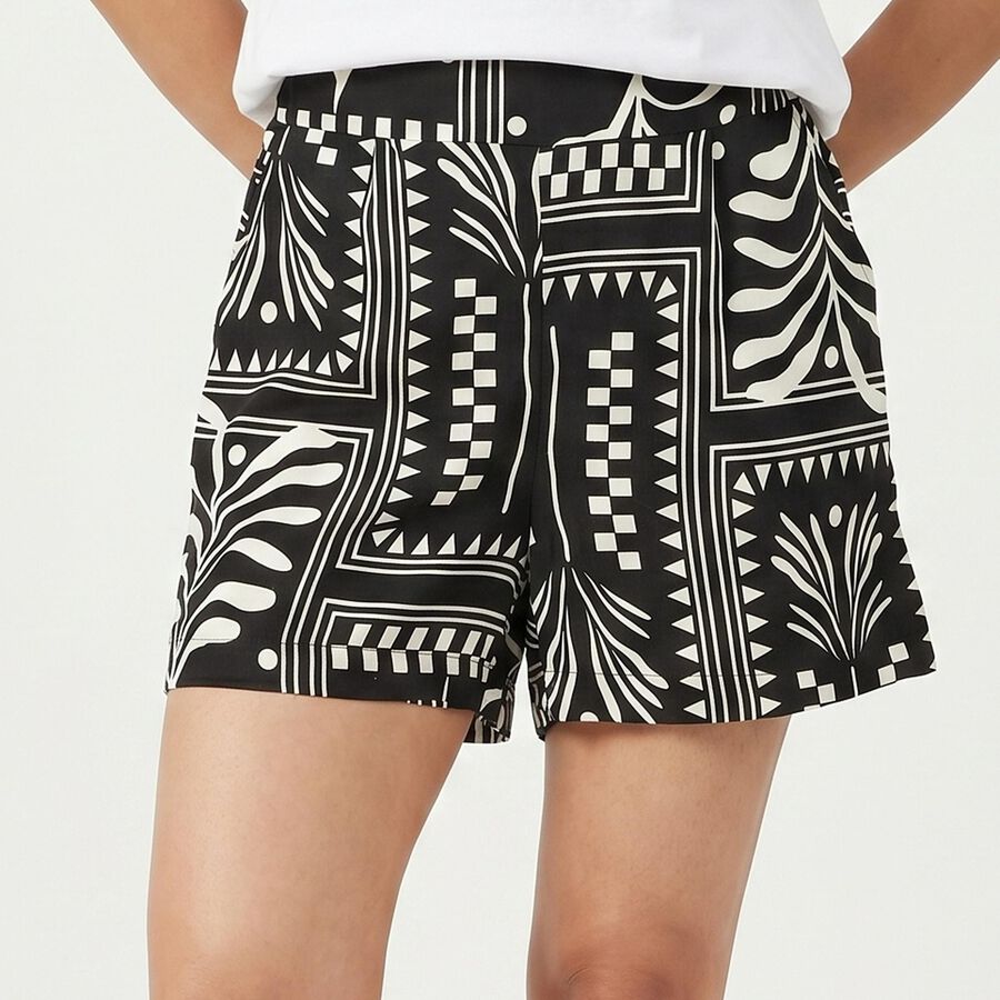 Women's Black Regular Fit Printed Shorts, काला, large