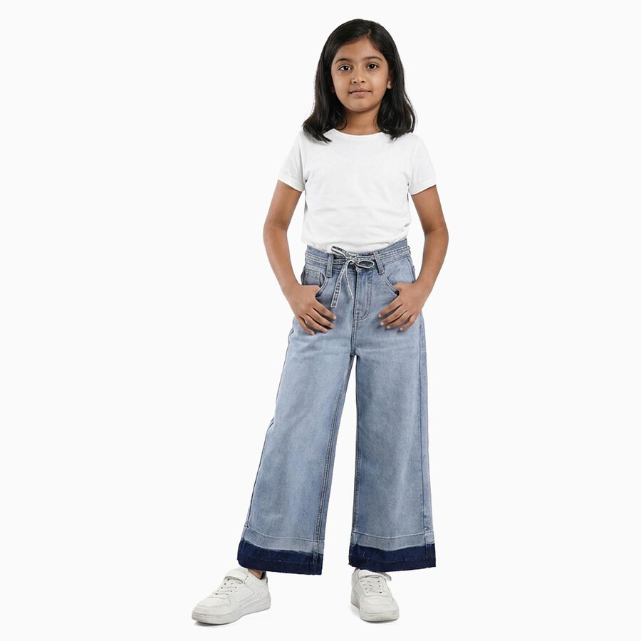 Girls' Light Blue Regular Fit Elastic Waist Drawstring Jeans, Light Blue, large