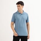 Men's Muted Steel Blue Polo Neck Classic T-Shirt, Mid Blue, small