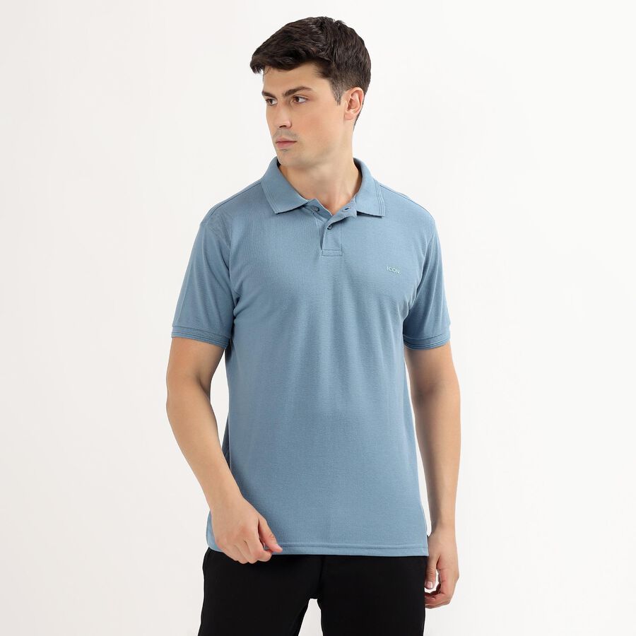 Men's Muted Steel Blue Polo Neck Classic T-Shirt, Mid Blue, large