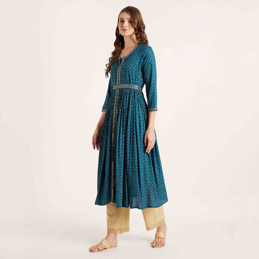 Embroidered 3/4th Sleeve Kurta, टील ब्लू, large image number null