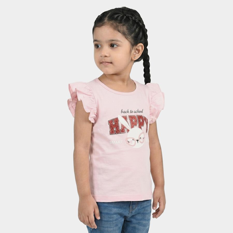 Girls Pink Cotton Round Neck Regular T-Shirt, Light Pink, large