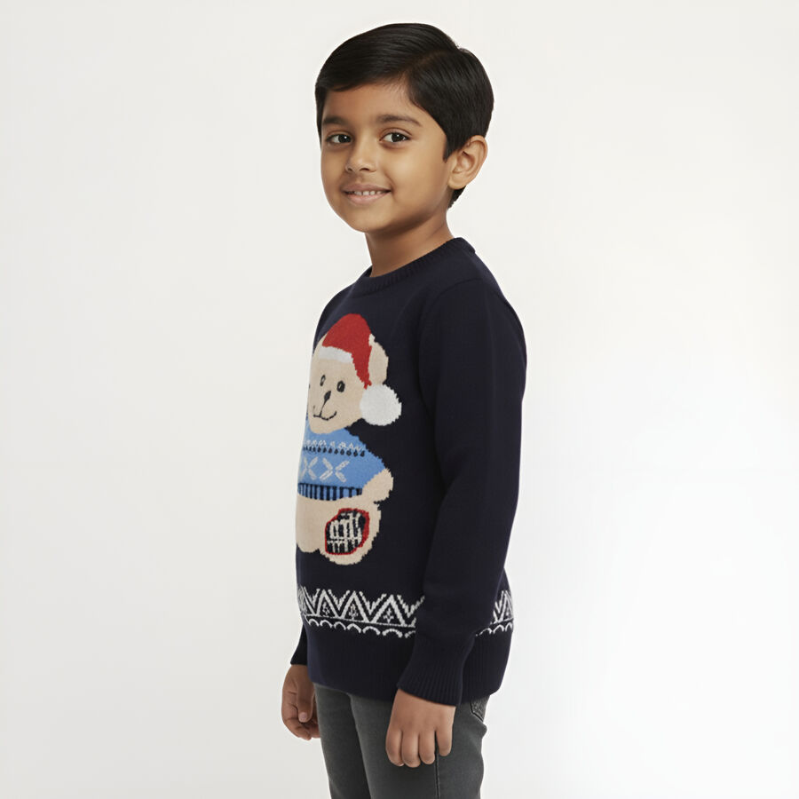 Boys Deep Midnight Navy Blue Crew Neck Graphic Pullover, नेवी ब्लू, large image number null