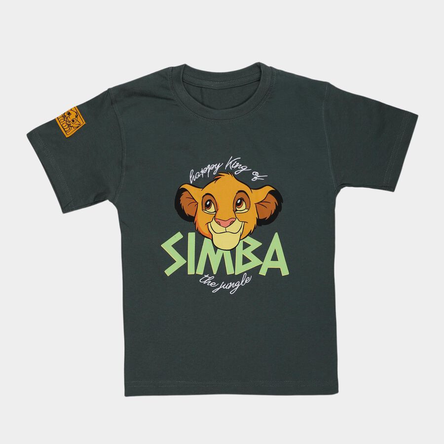 Boys' Olive Cotton Round Neck Simba Printed T-Shirt, ओलिव, large