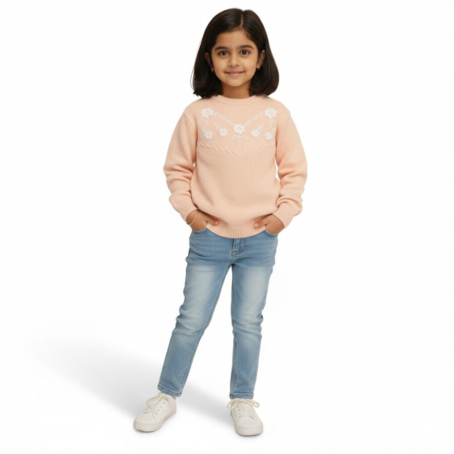 Girls Light Pink Crew Neck Floral Embroidered Pullover, Light Pink, large image number null