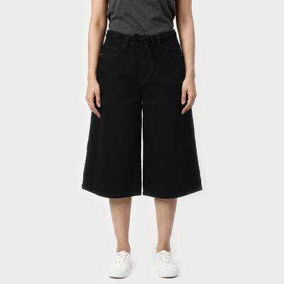 Women's Black Wide Leg Solid Cotton Capri