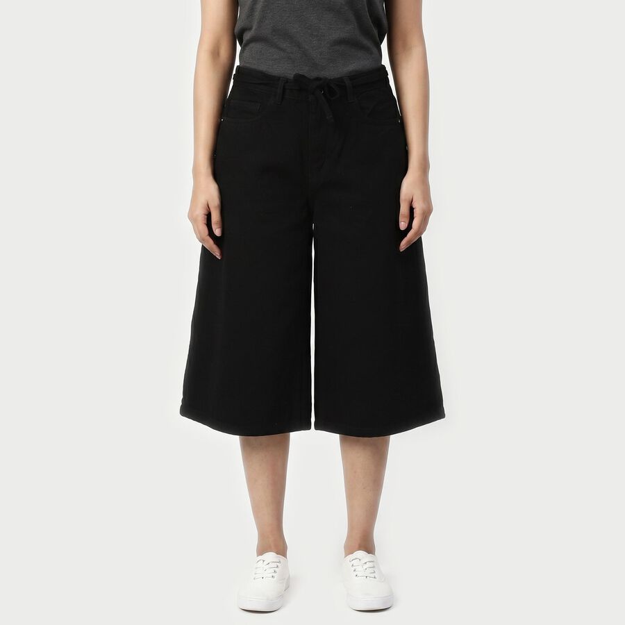 Women's Black Wide Leg Solid Cotton Capri, Black, large