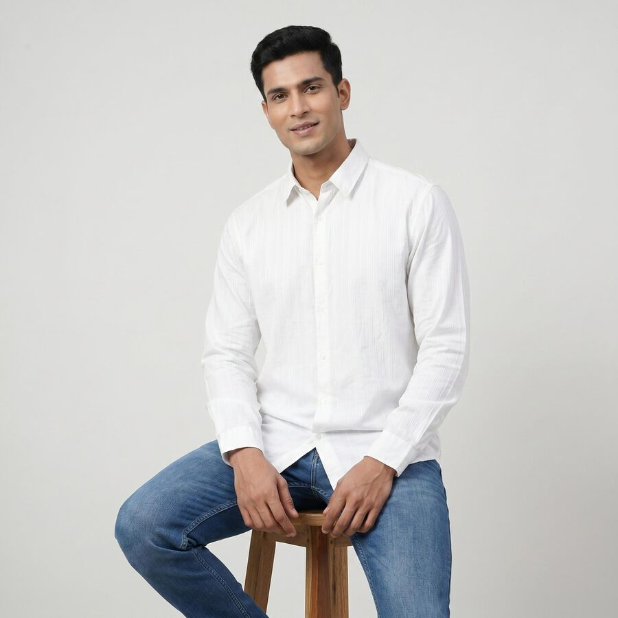 Men's White Cotton Long Sleeve Collar Regular Fit Shirt, ऑफ व्हाइट, large