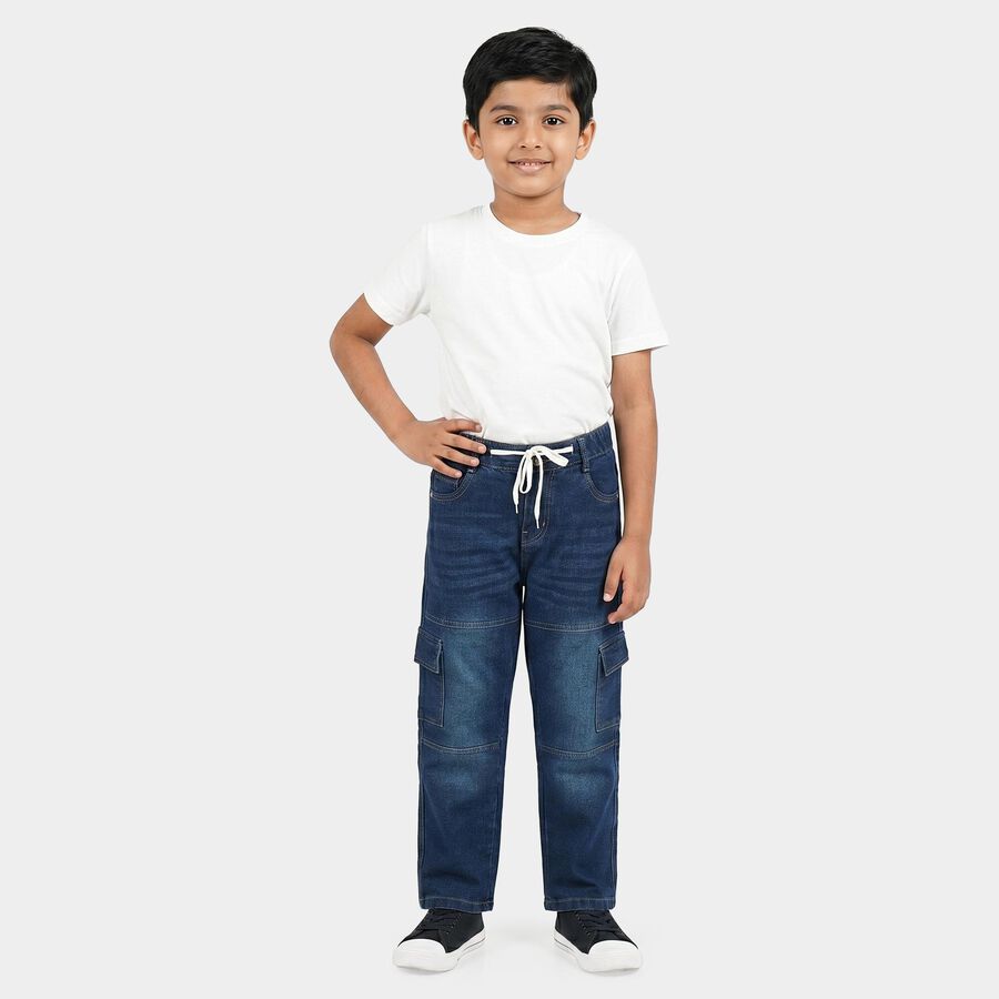 Boys' Navy Blue Relaxed Fit Cargo Style Jeans, गहरा नीला, large