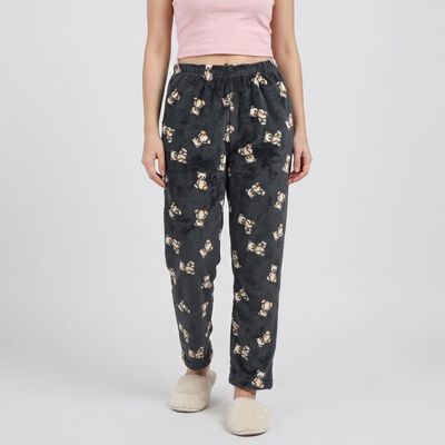 Women's Dark Grey Straight Fit Teddy Printed Lounge Pyjama