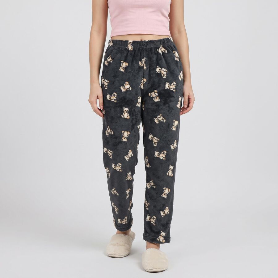 Women's Dark Grey Straight Fit Teddy Printed Lounge Pyjama, गहरा ग्रे, large