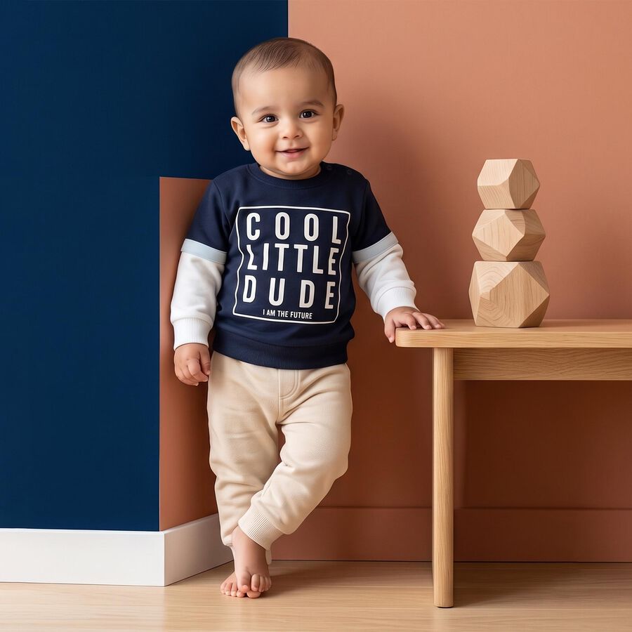 Infants Navy Blue Cotton Crew Neck Regular T-Shirt, Navy Blue, large