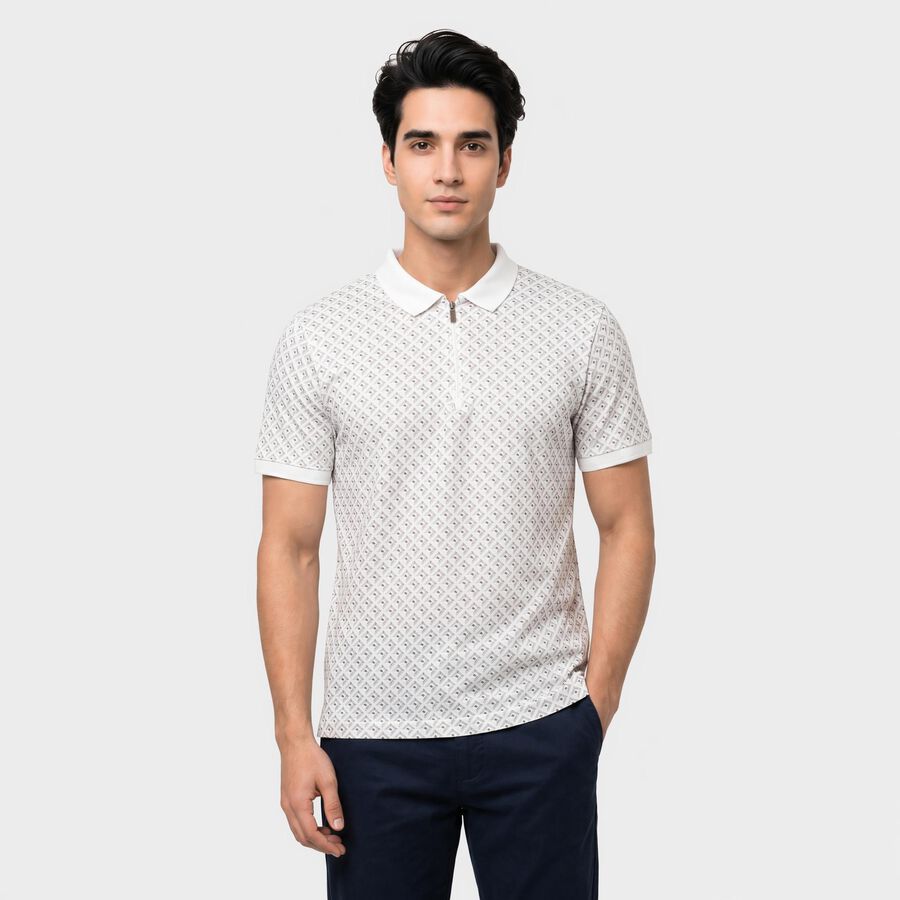 Men's White Cotton Polo Neck Printed T-Shirt, White, large