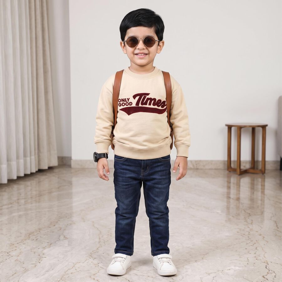 Boys' Beige Crew Neck Pullover Sweatshirt, गहरा पीला, large