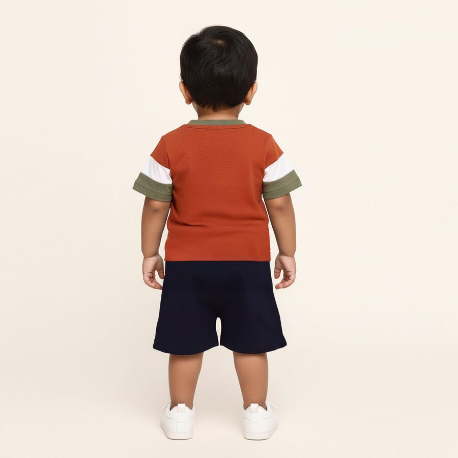 Infants' Rust Orange and Navy Cotton Round Neck Colorblock Baba Suit, नेवी ब्लू, large image number null