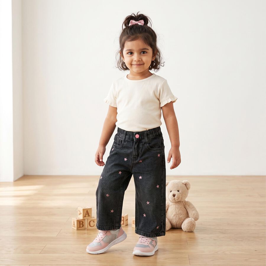 Girls' Black Wide Leg Star Printed Jeans, Black, large