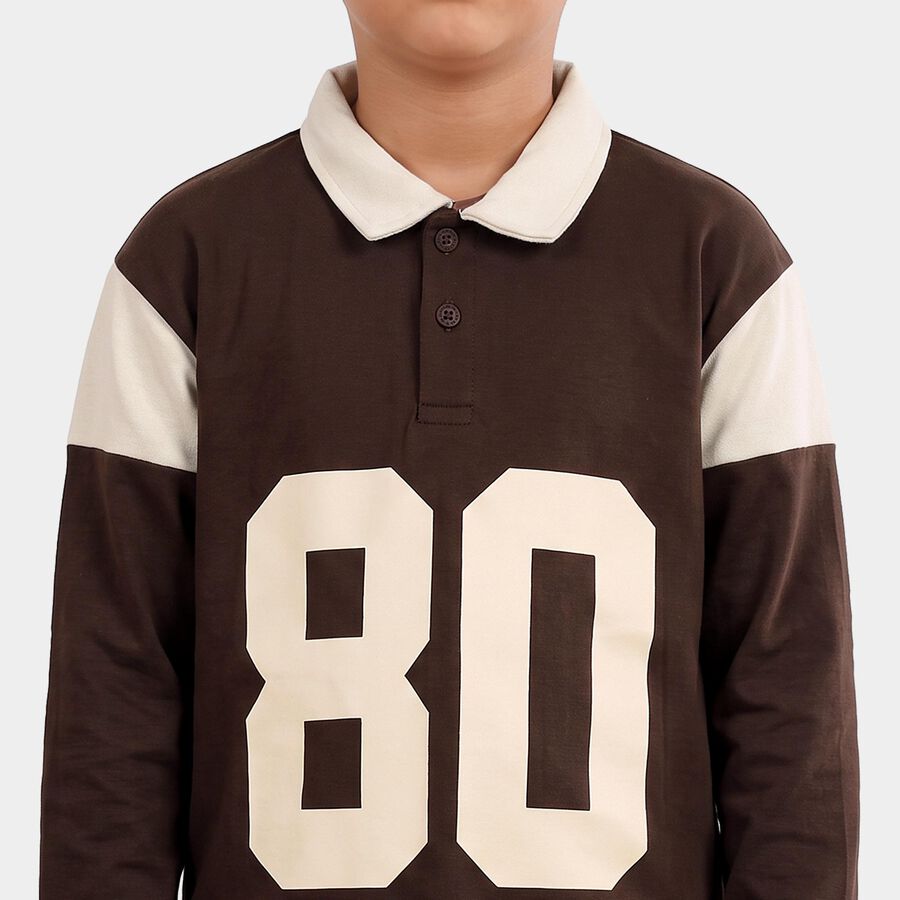 Boys' Brown Polo Neck Graphic Sweatshirt, Brown, large
