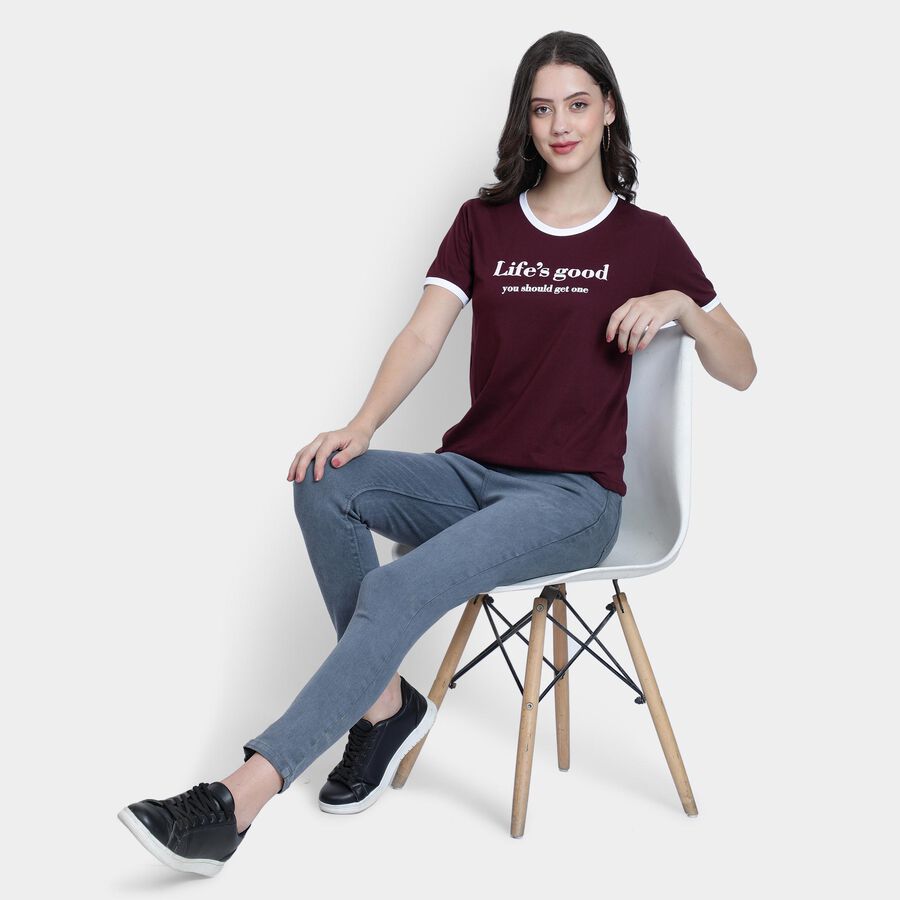 Ladies' Round Neck T-Shirt , वाइन, large image number null