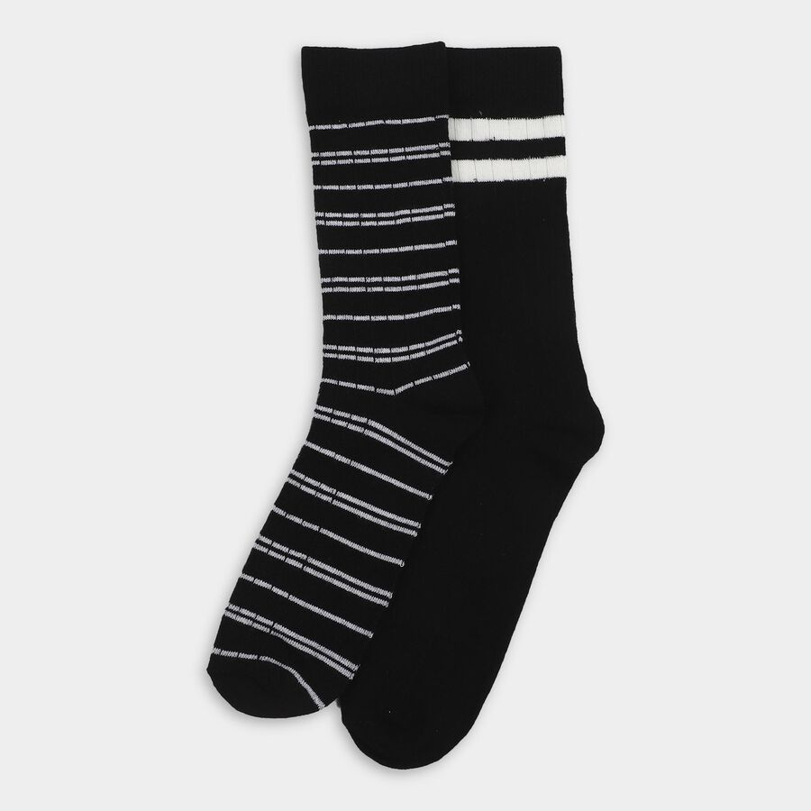 Men's Jet Black Regular Fit Striped Ankle-Length Socks Pack of 2, Black, large