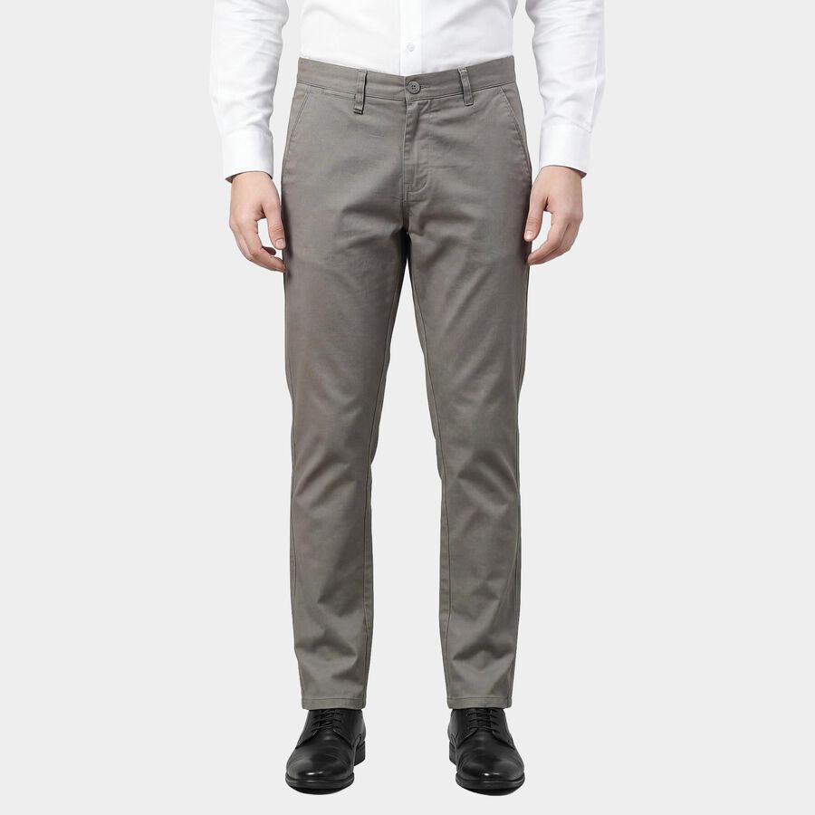 Men's Light Grey Slim Fit Flat-Front Casual Trousers, Light Grey, large